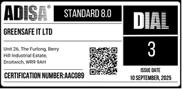 ADISA Standard 8.0 certificate, DIAL 3 — Greensafe IT Ltd, certification number AAC089, issued 10 September 2025